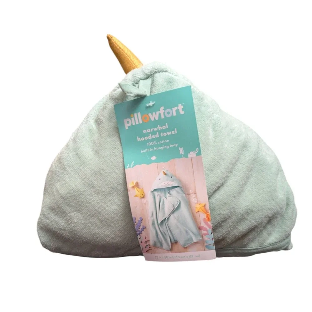 NWT Pillowfort Narwhal Hooded Towel Kids Bath Wrap 100% Cotton